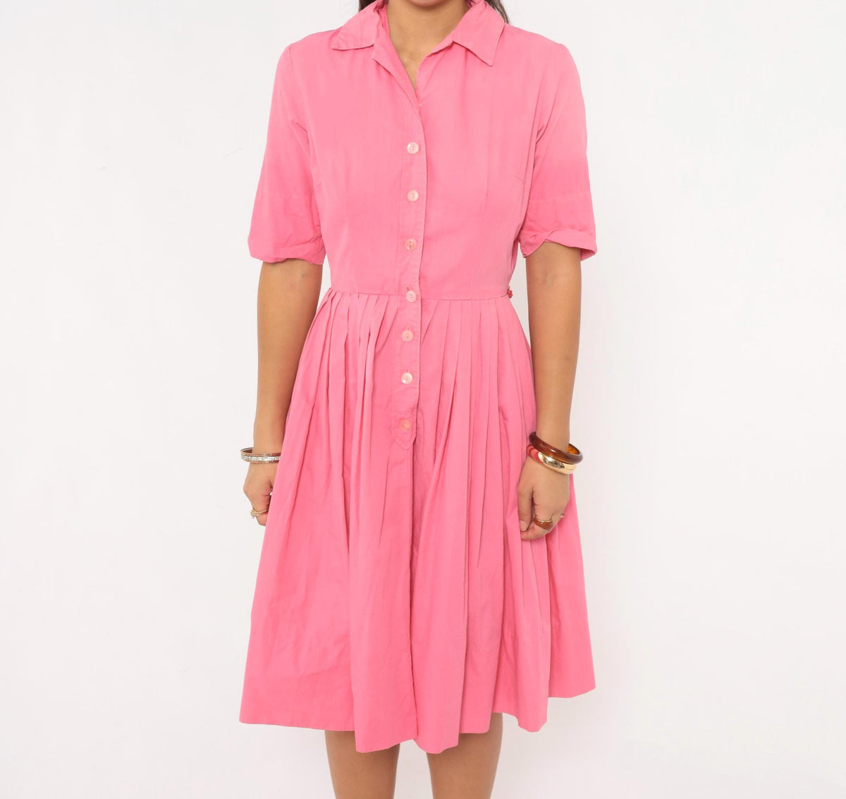 60s Pink Cotton Shirtdress Knife Pleated Knee-Length Button Front Small