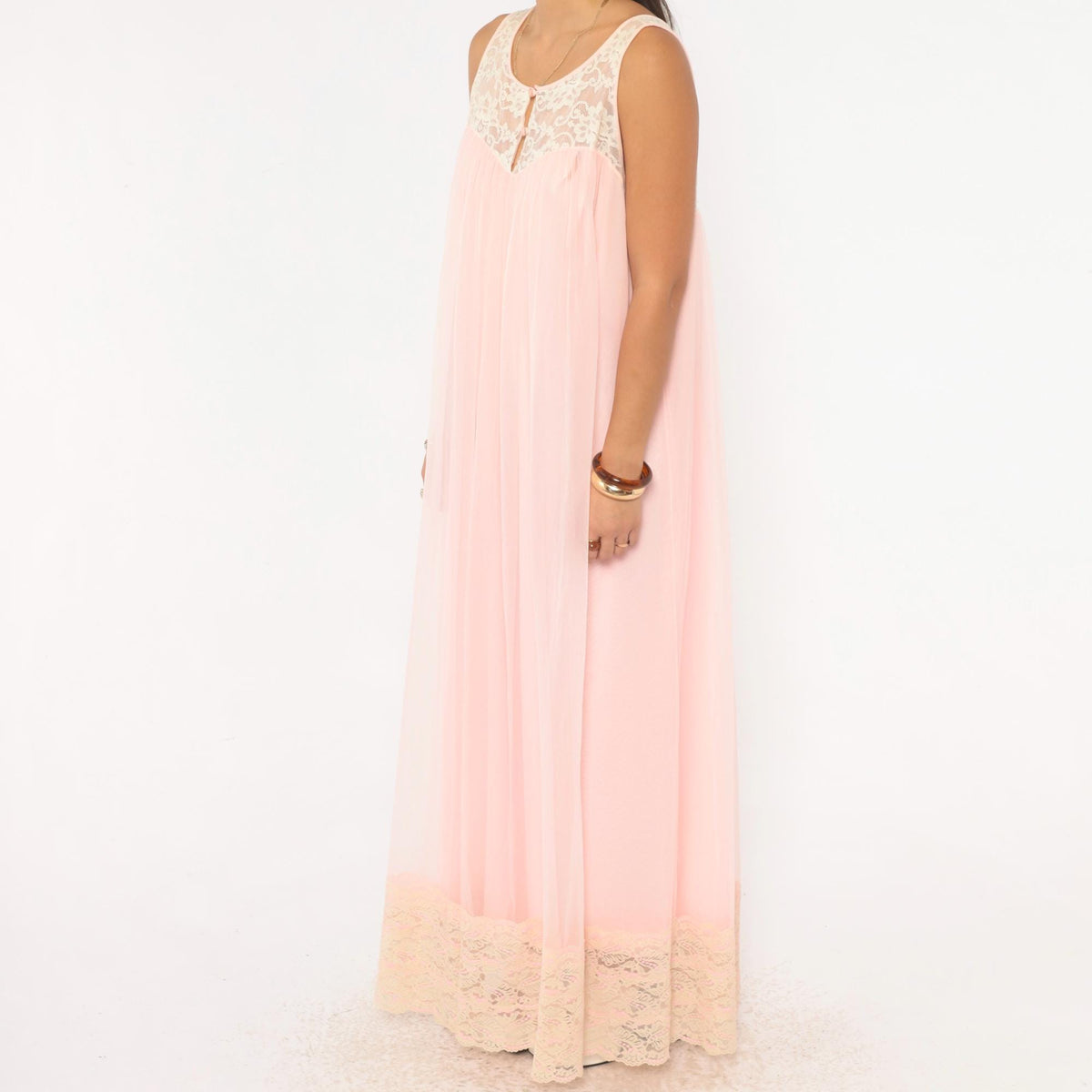80s Blush Pink Maxi Nightgown Ivory Lace Yoke Scoop Neck Medium