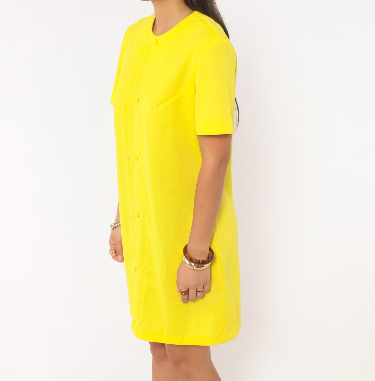 60s Nelly Don Yellow Shift Dress Mod Geometric Topstitch A-Line Large L