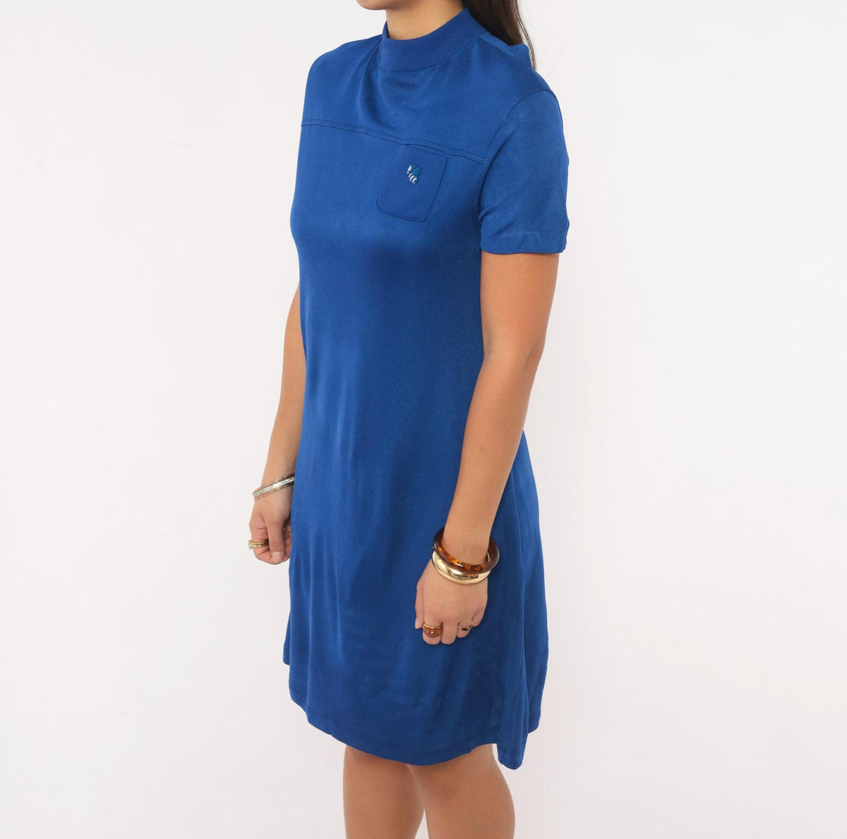 70s Robbie Rivers Bee Embroidered Shift Dress Mock Neck Royal Blue Small