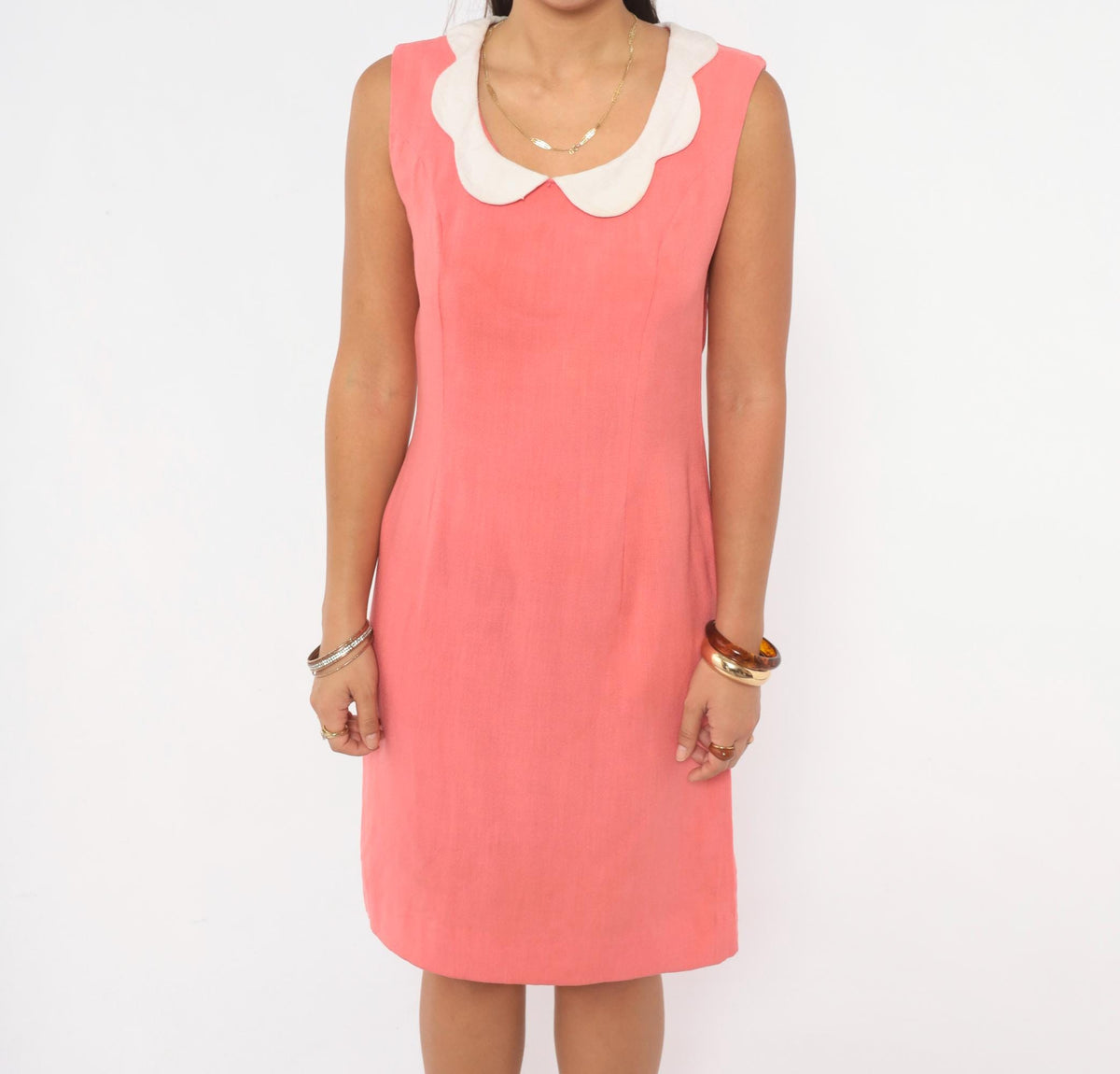 60s Coral Pink Shift Dress Scalloped Peter Pan Collar Knee Length Small