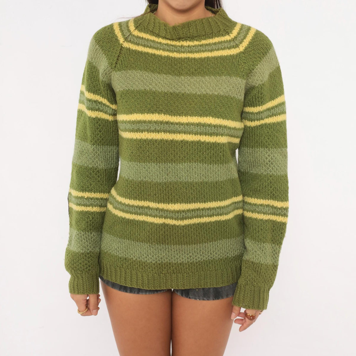 90s Olive Striped Wool Hand Knit Sweater Raglan Brown Elbow Patches Medium