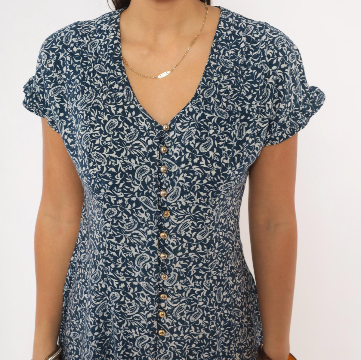 90s Caroline Wells Navy Paisley Floral Dress Button Front V Neck Medium M