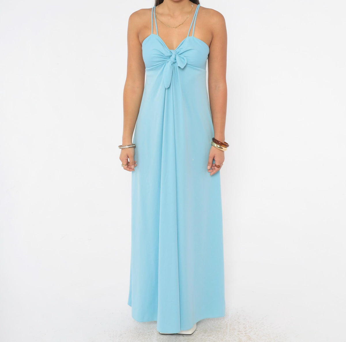 70s Light Blue Maxi Dress Empire Waist Tie Front Spaghetti Strap Extra Small