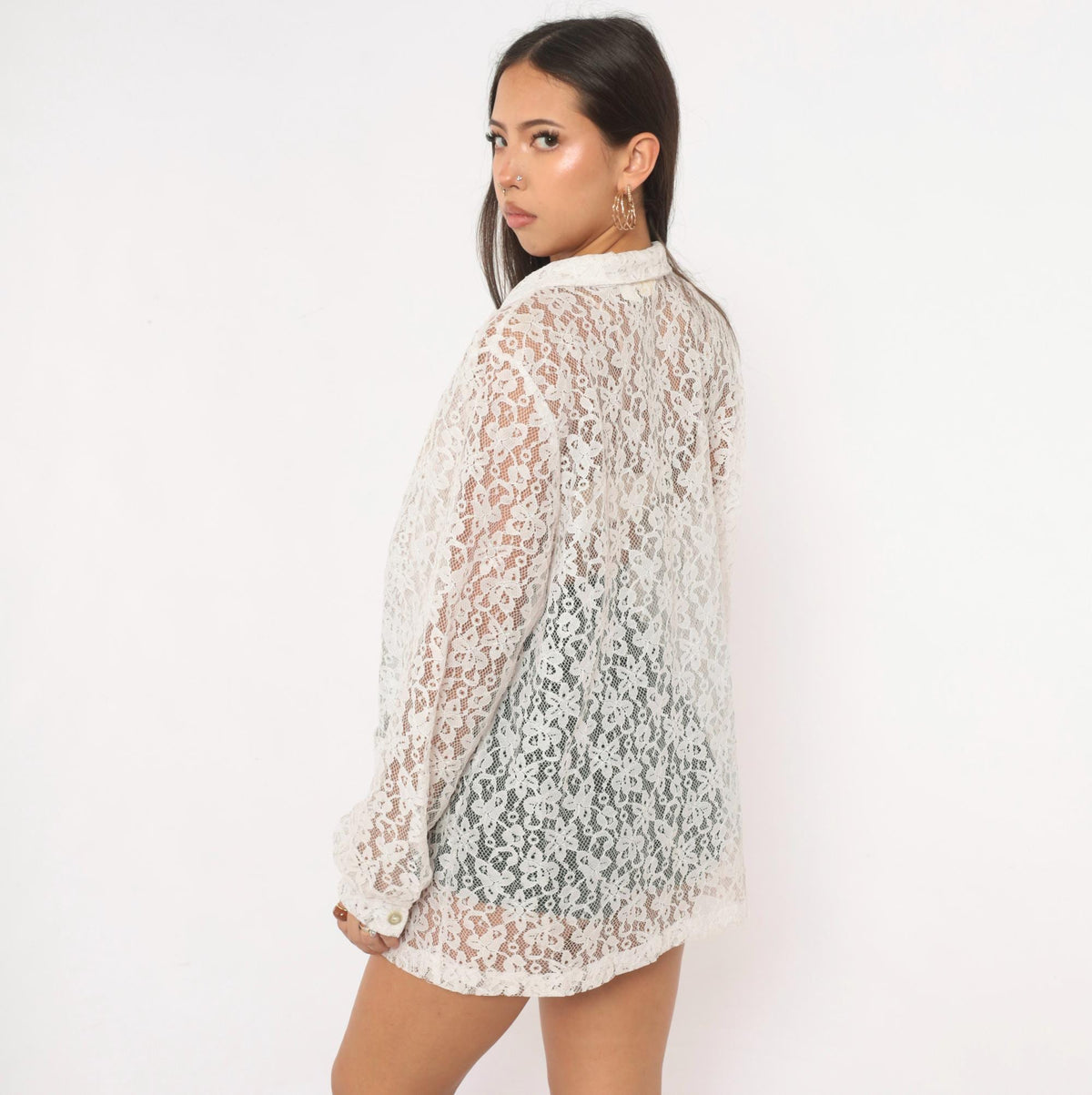 90s White Lace Blouse Sheer Floral Button Front Long Sleeve Patch Pocket Large