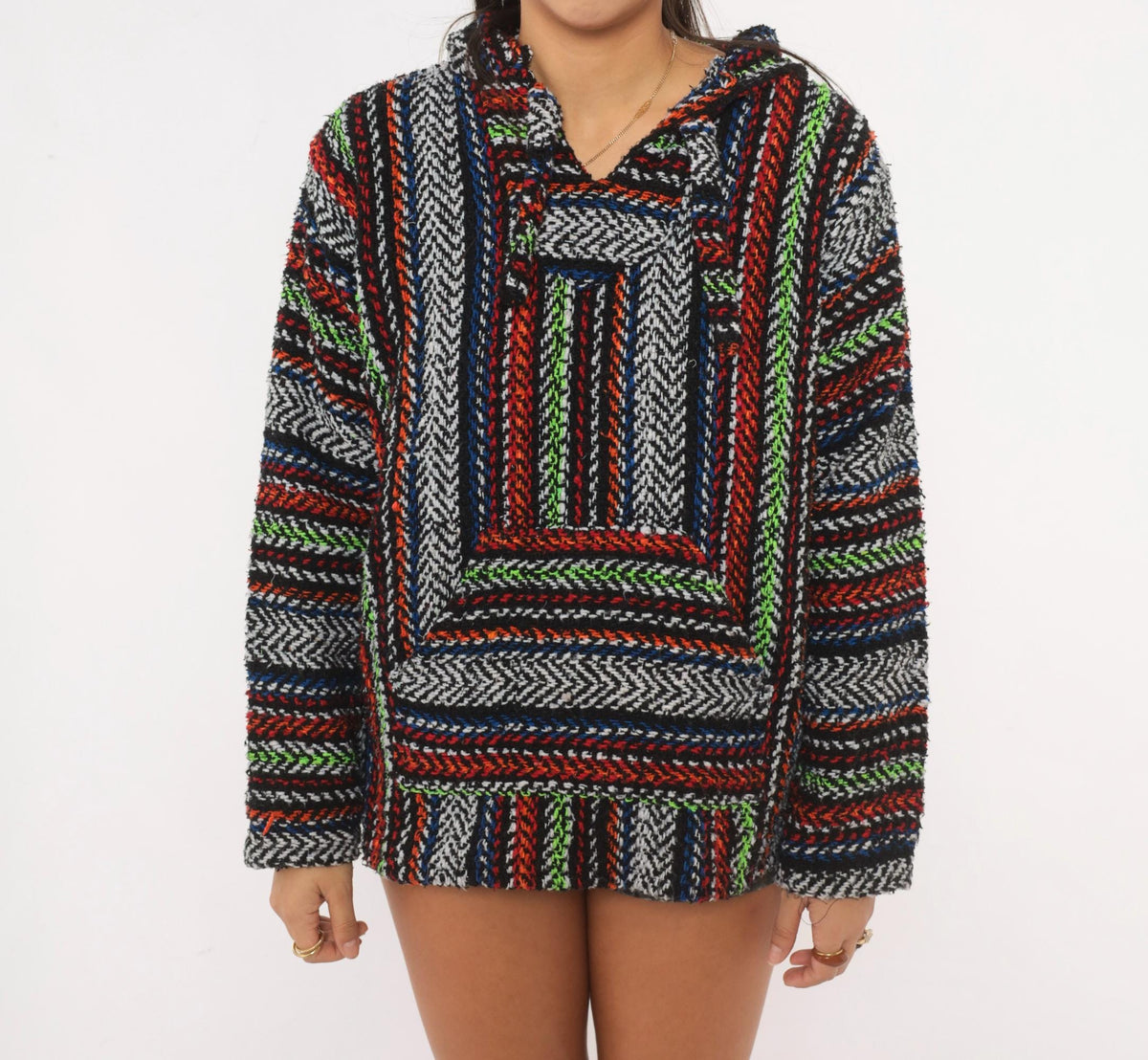 90s Earth Ragz Baja Hoodie Striped Black White Neon Green Small