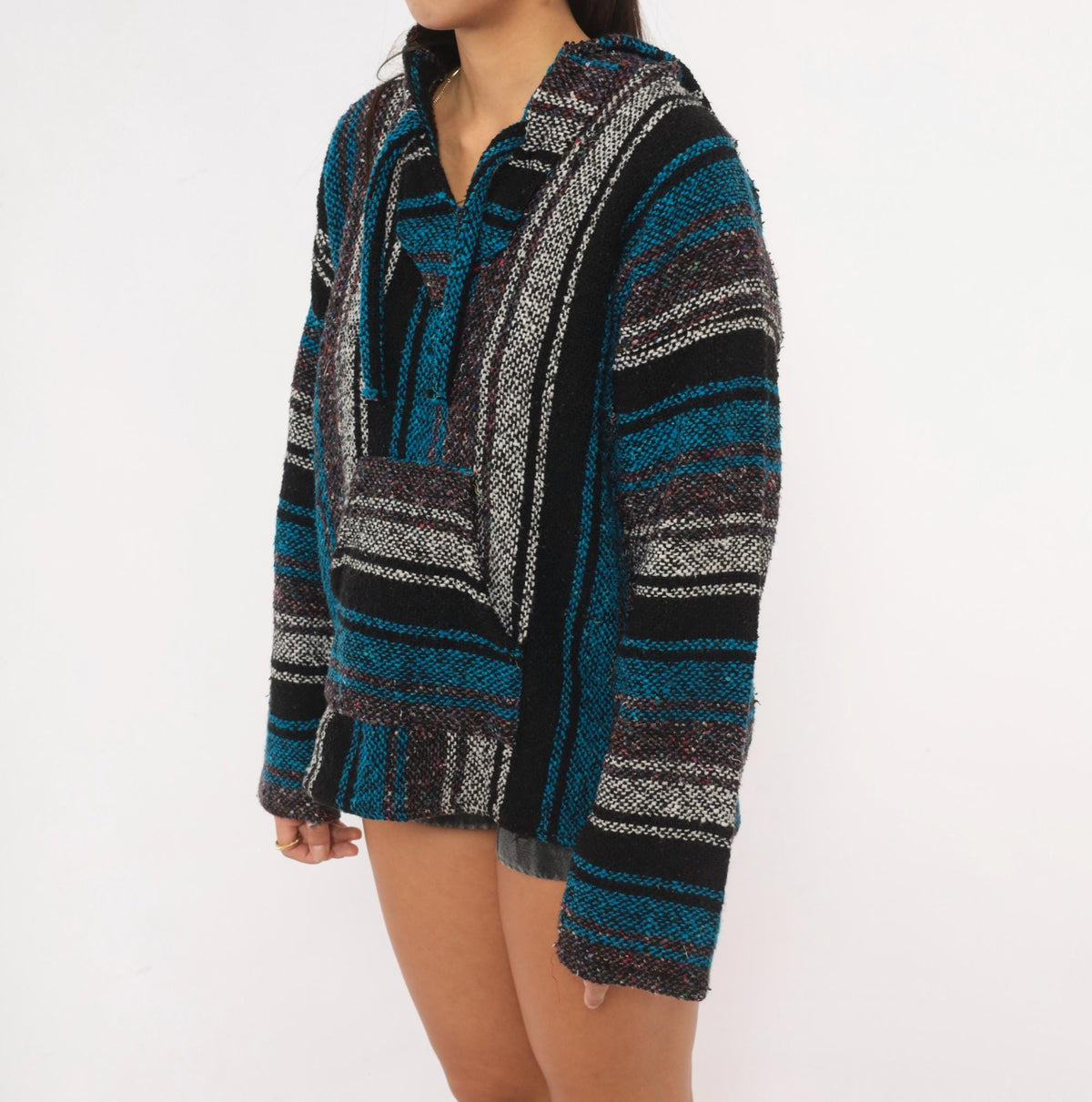 90s Sandy Baja Hoodie Black Teal Striped Woven Pullover Medium