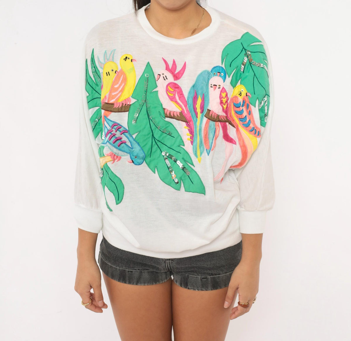 90s Bonnie Boerer Tropical Bird Applique Tee White Cotton Dolman Medium