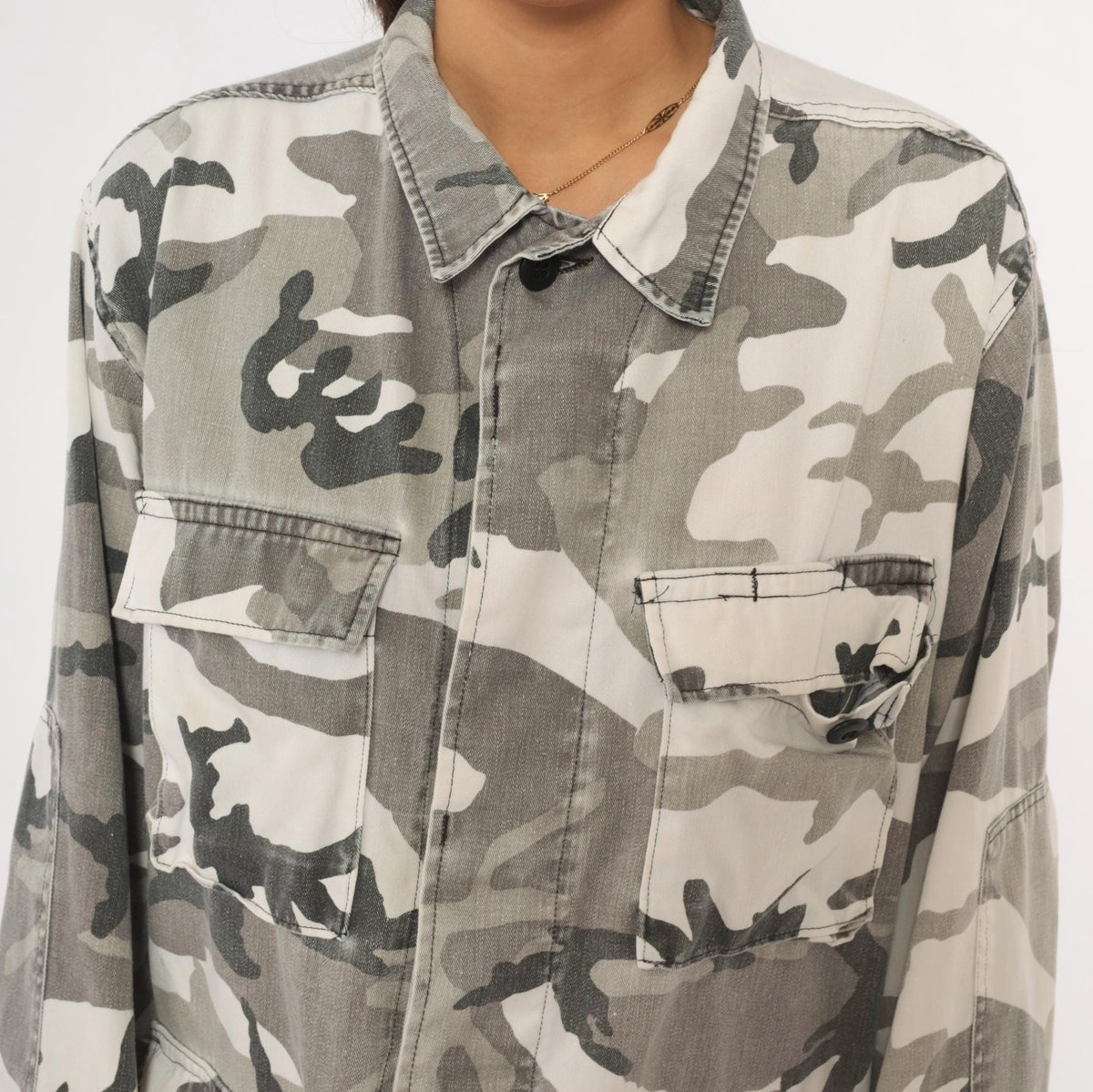 90s Camo Military Field Shirt White Grey Cotton Button Front Medium