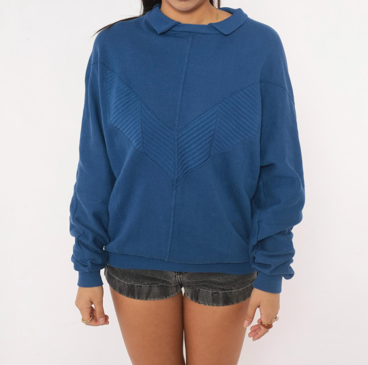 80s Cobalt Sweatshirt Chevron Quilted Panel Collared Cotler Small