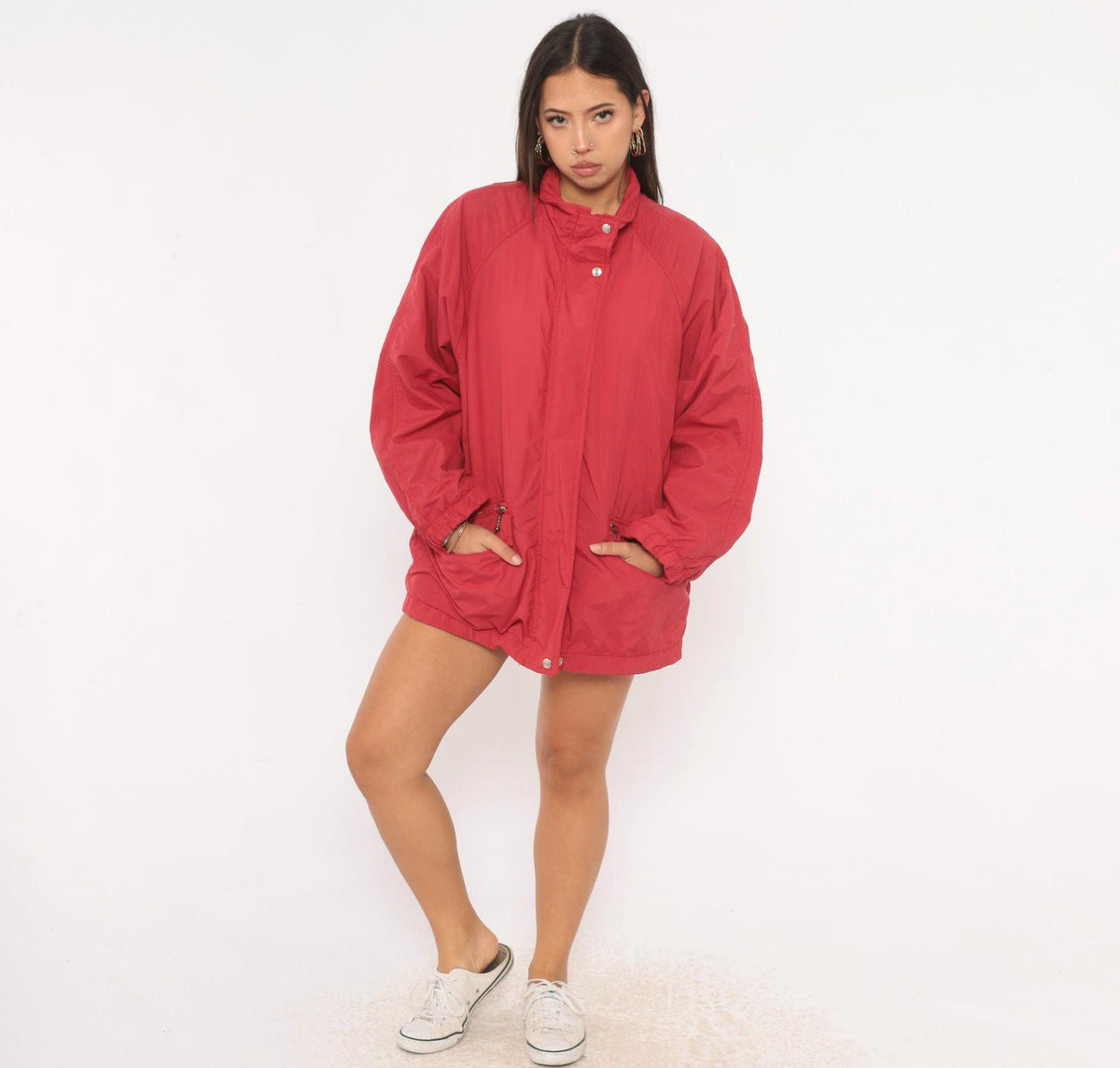 90s Eddie Bauer Red Nylon Windbreaker Jacket Raglan Snap Collar Medium M