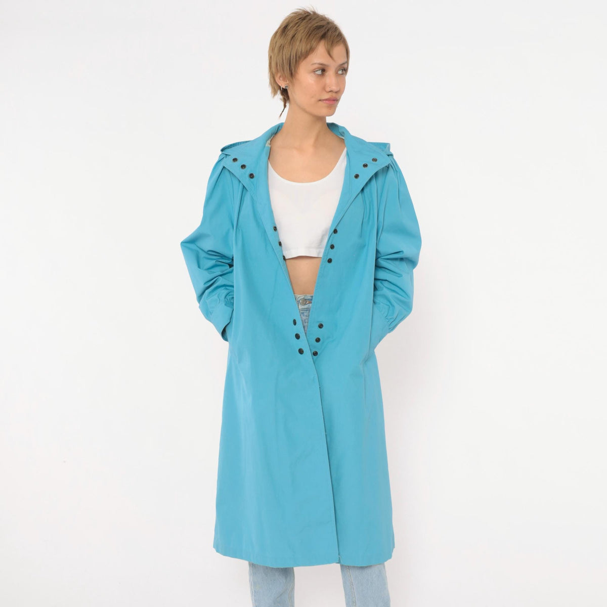 70s Blue Hooded Raincoat Snap Front Trench Puff Sleeve Medium