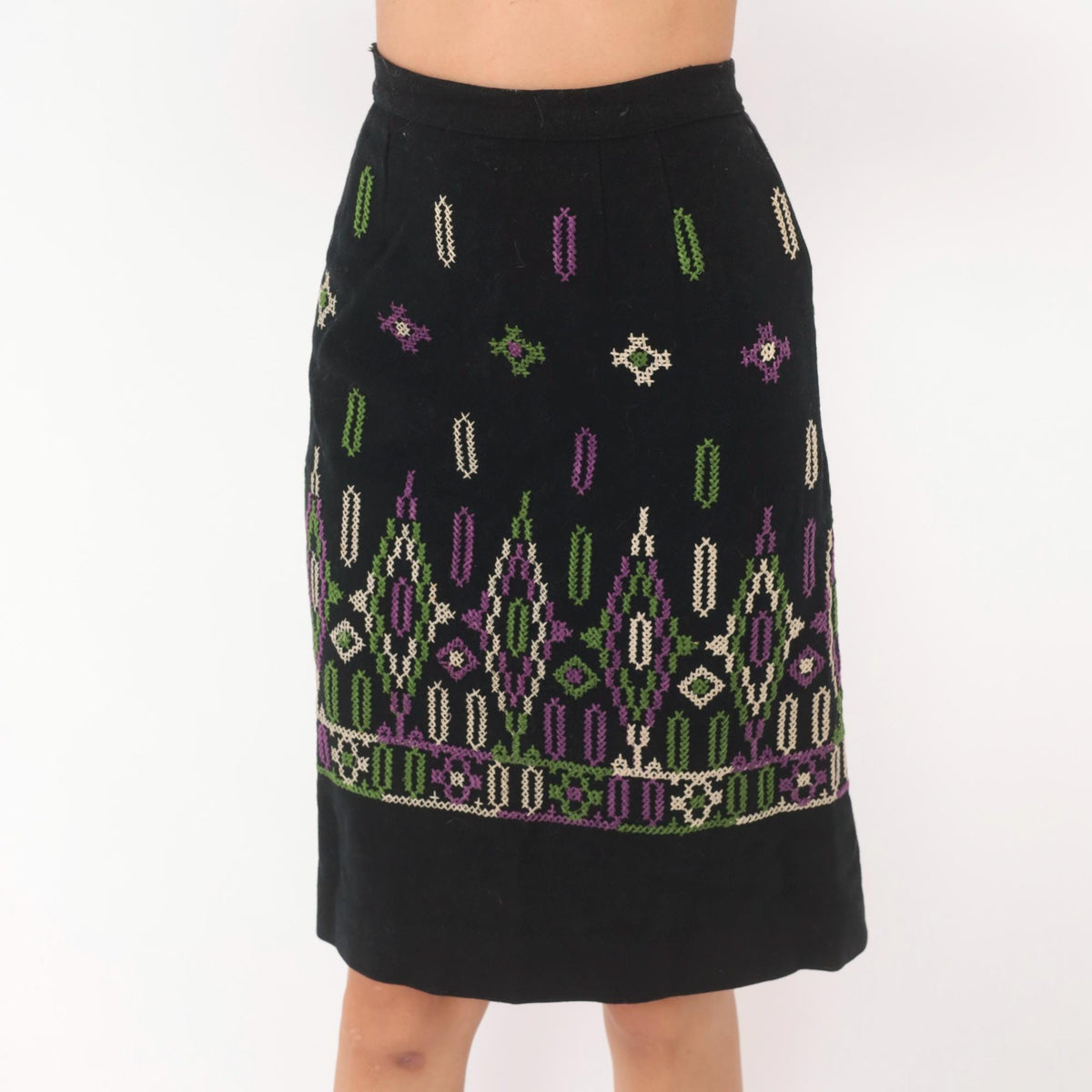 60s Black Wool Embroidered A-Line Skirt Purple Green Cross Stitch Extra Small XS