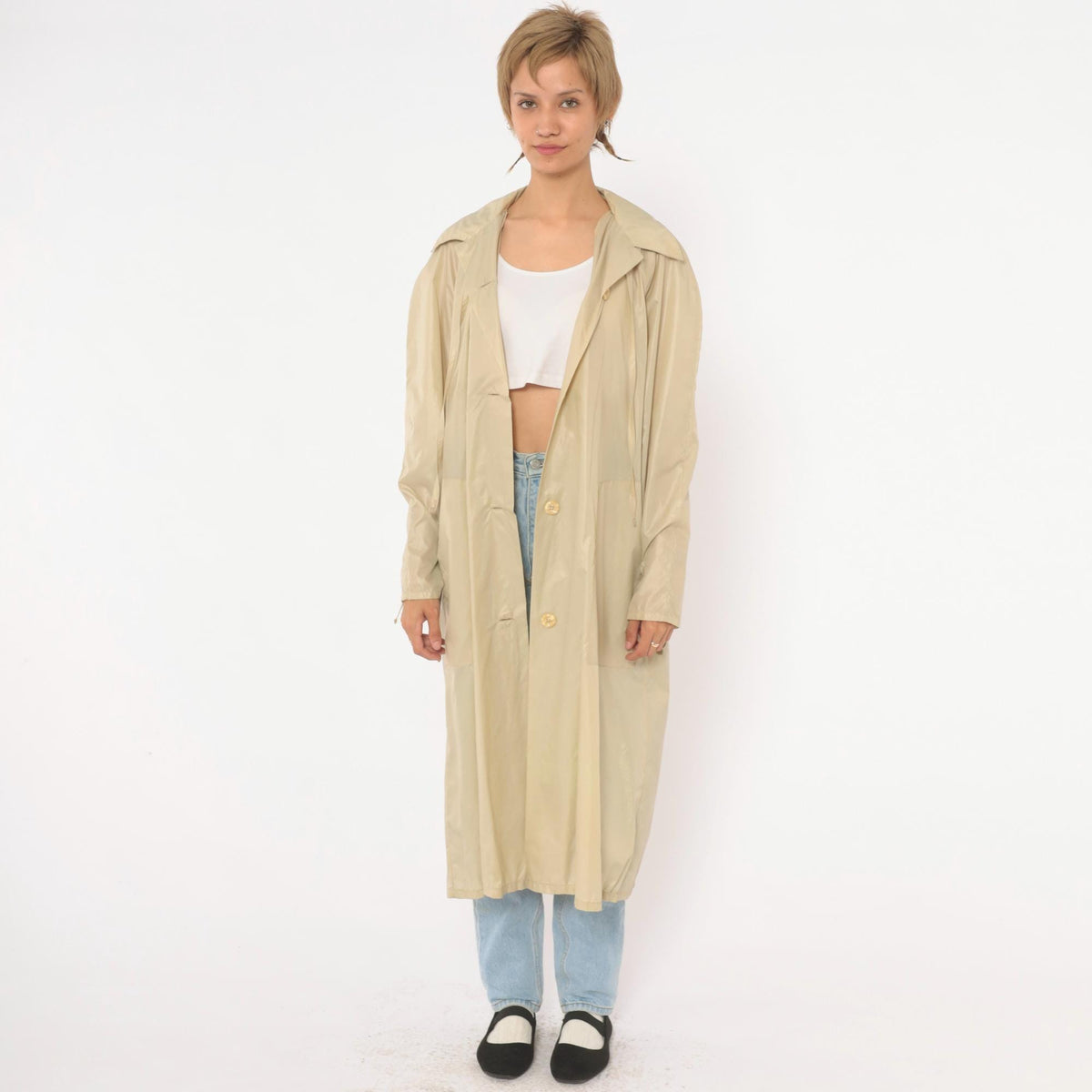 80s Aqua Sheen Cream Nylon Trench Coat Pointed Collar Midi Length Medium M
