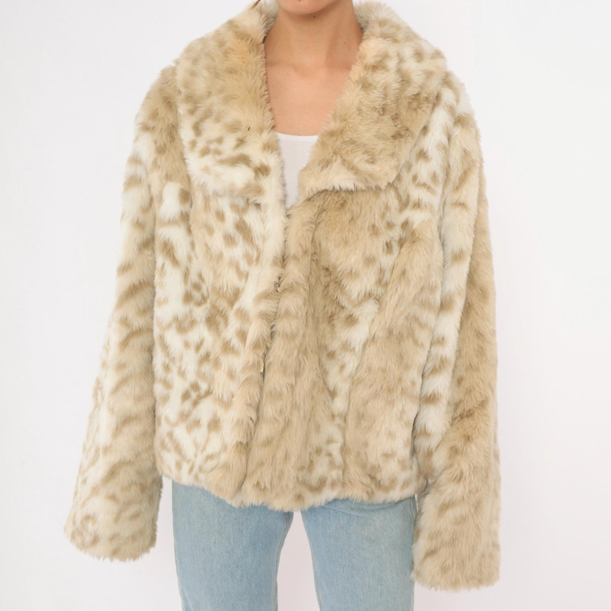 Y2K Relativity Faux Fur Jacket Cream Leopard Print Wide Collar Large L