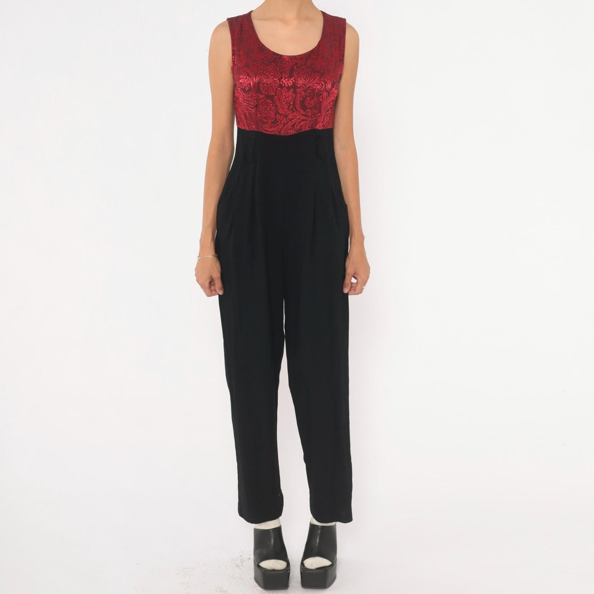 90s Black Jumpsuit Red Brocade Bodice Sleeveless High Waist Small S