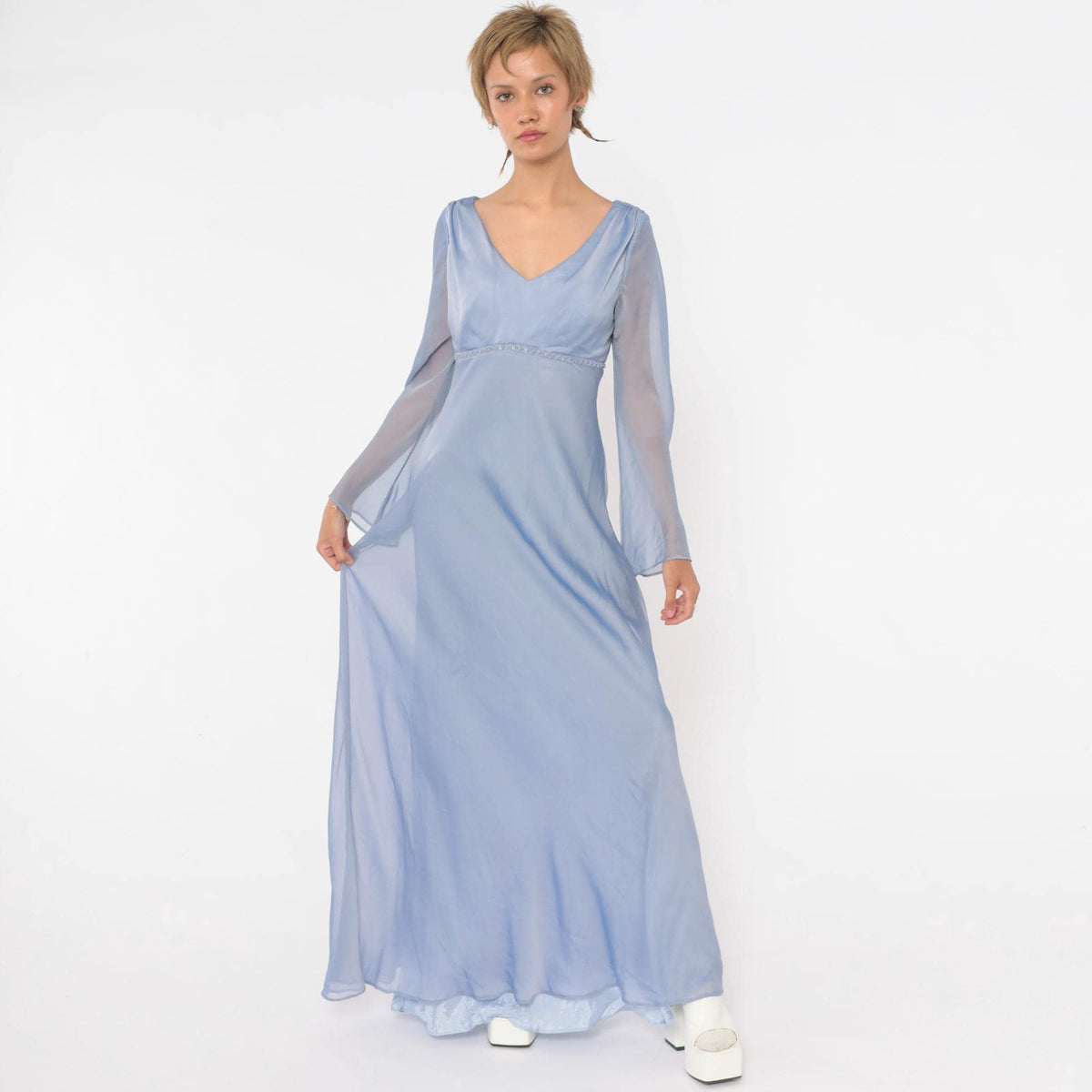 90s Michaelangelo Periwinkle Maxi Dress Empire Waist Beaded V Neck Small