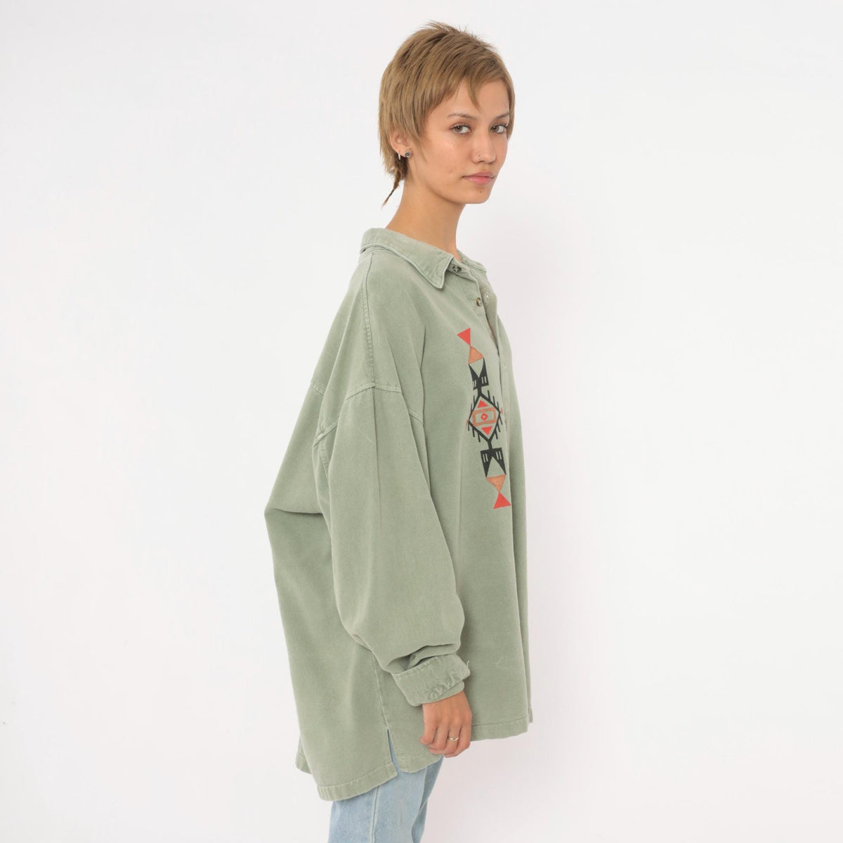 90s 4Fun Originals Southwestern Button Up Shirt Olive Green Geometric Plus Size XXL