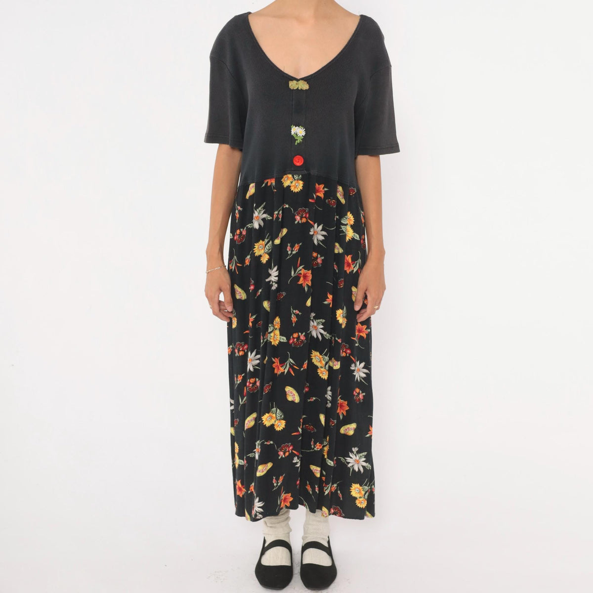 90s Petite Impressions Black Floral Midi Dress Ribbed Knit V Neck Large L