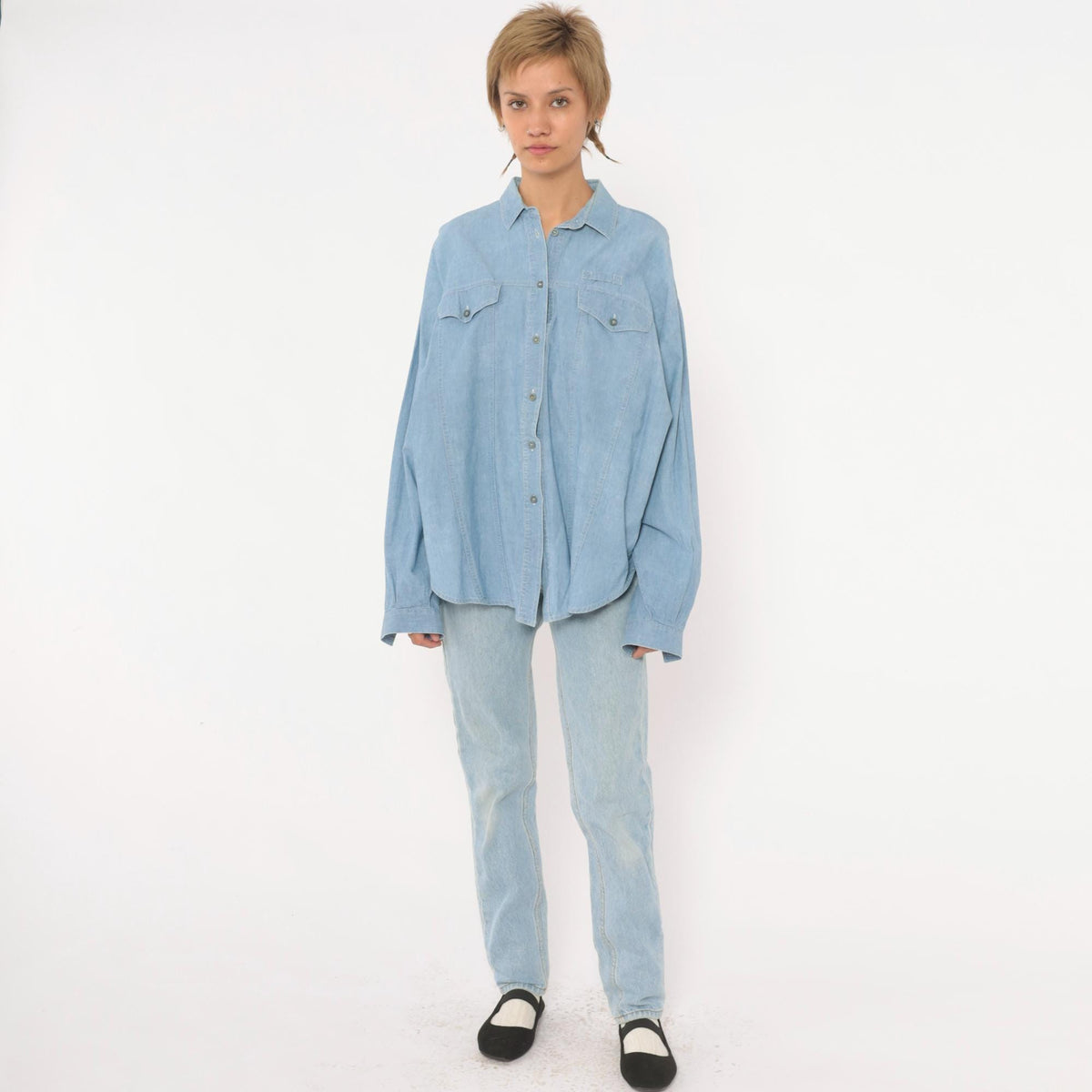 90s Chaussport Chambray Shirt Light Blue Cotton Button-Up Medium M