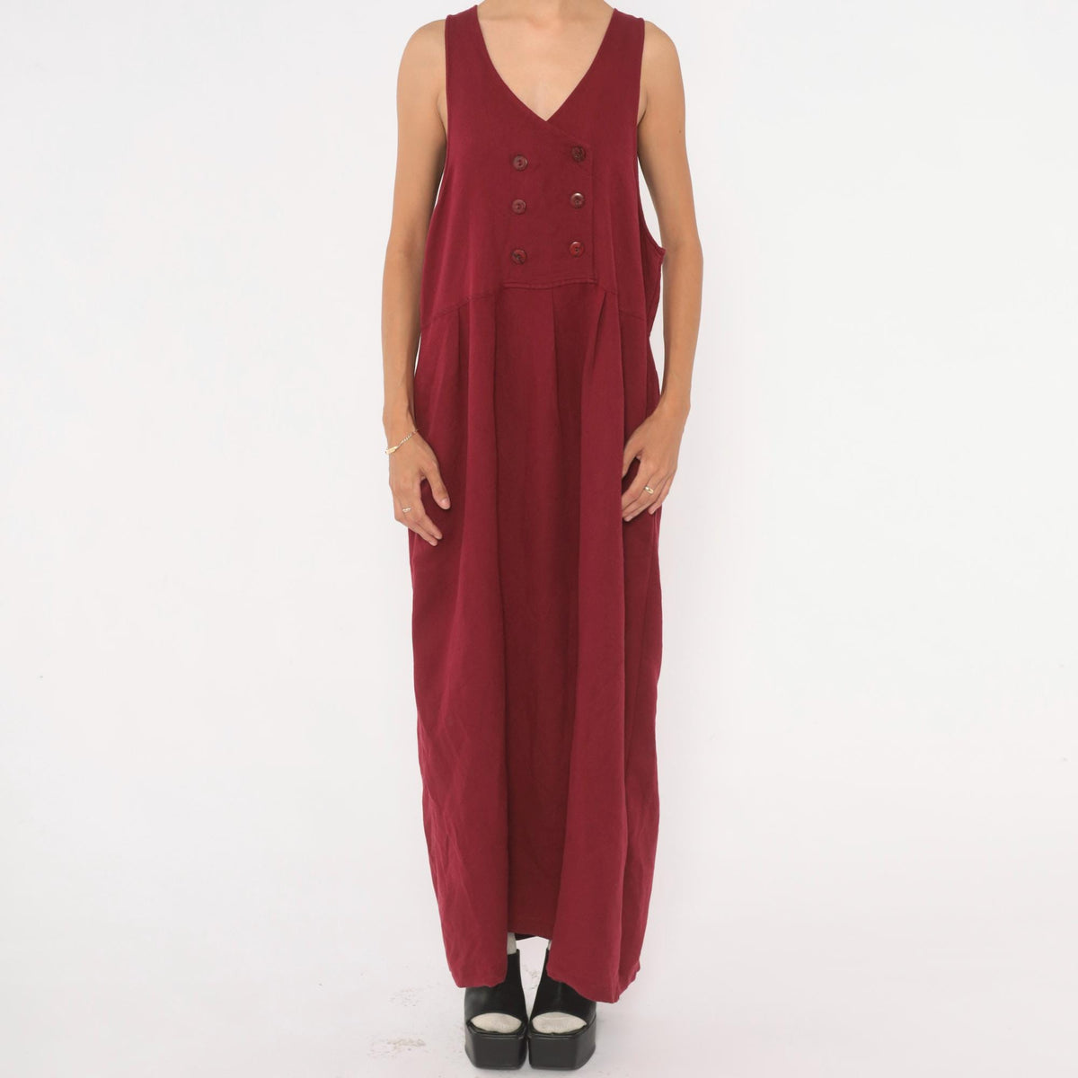 90s Burgundy Maxi Pinafore Dress V Neck Double Breasted Sleeveless Medium M
