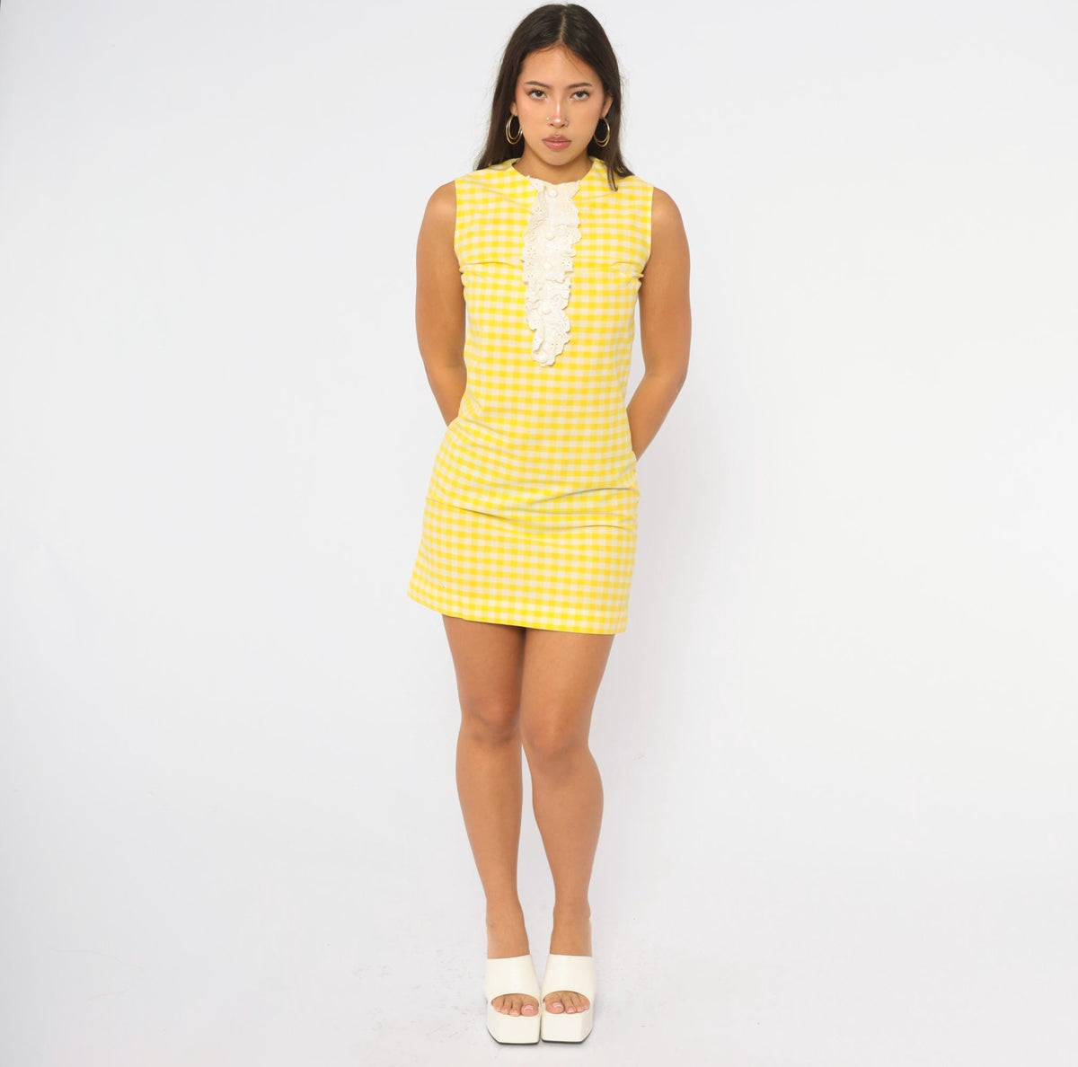 60s Yellow Gingham Eyelet Lace Shift Dress Sears Jr Bazaar Cotton XS