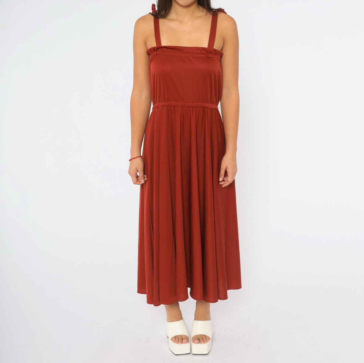 70s Rust Red Midi Dress Tie Shoulder Sleeveless A-Line Full Skirt Small