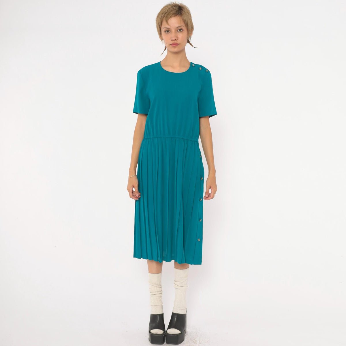 80s Leslie Fay Teal Pleated Midi Dress Shoulder Pads Accordion Skirt Small