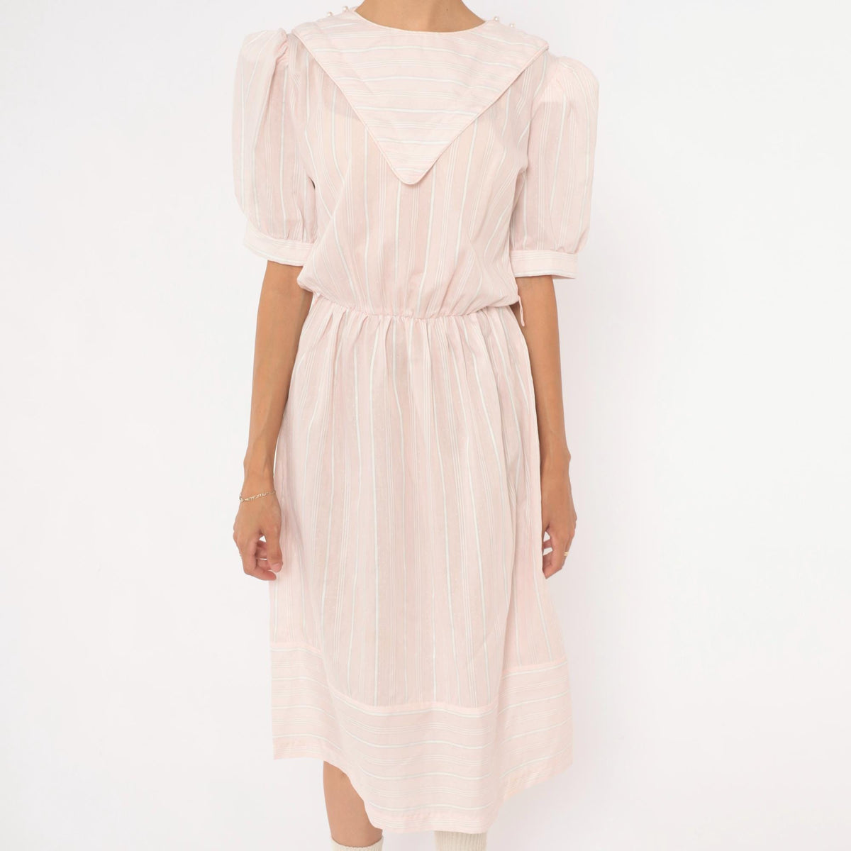 80s Pink Striped Midi Dress Puff Sleeve Sailor Collar Cotton Small