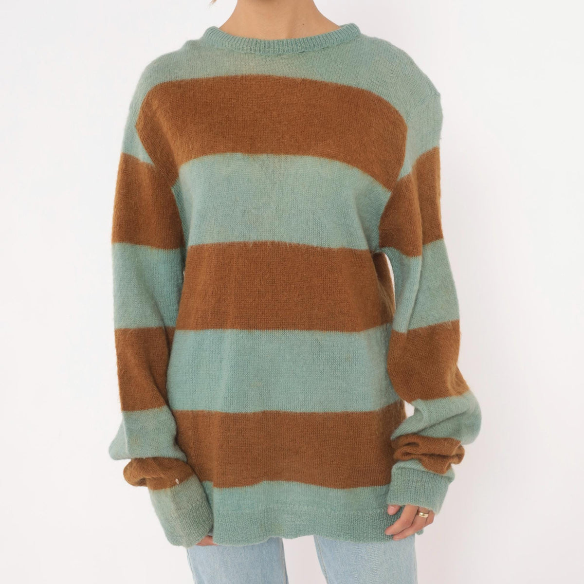 80s The Horses Mane Striped Mohair Wool Sweater Blue Brown Medium