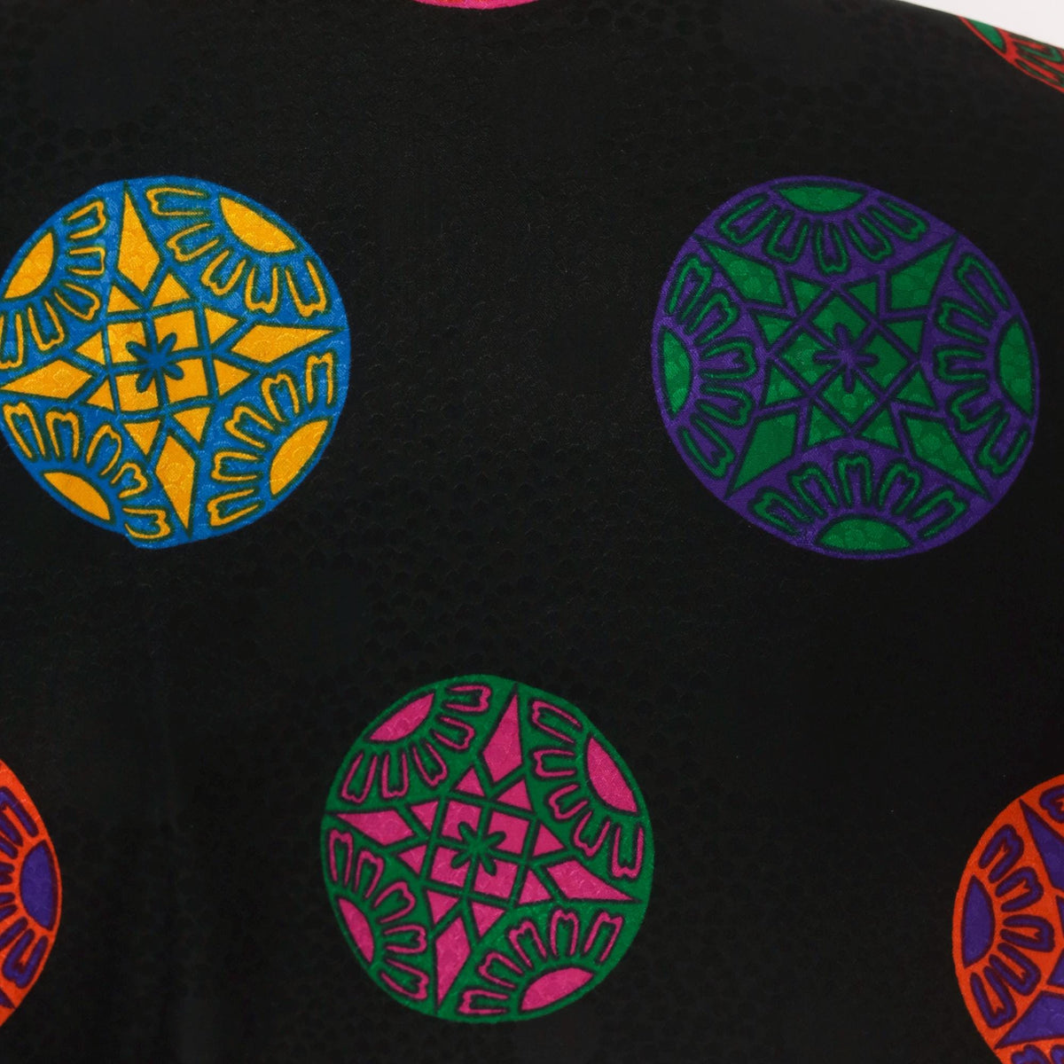 80s Gay Boyer Collections Black Silk Midi Dress Medallion Print Mandarin Collar Medium