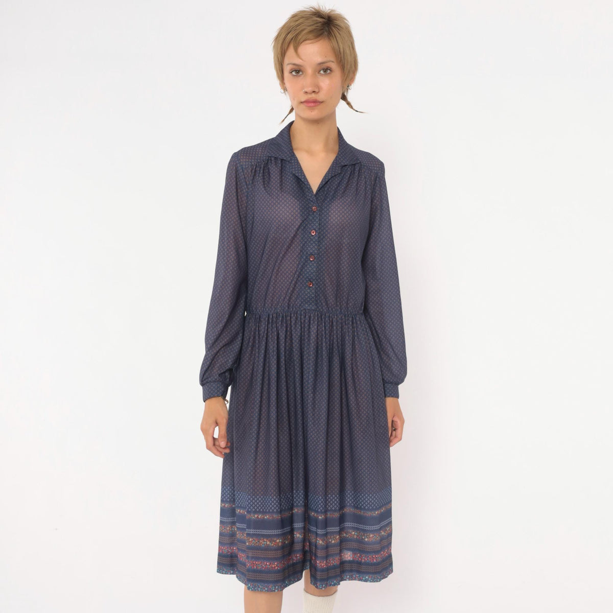 70s Navy Diamond Print Drop Waist Dress Collared Button Front Medium