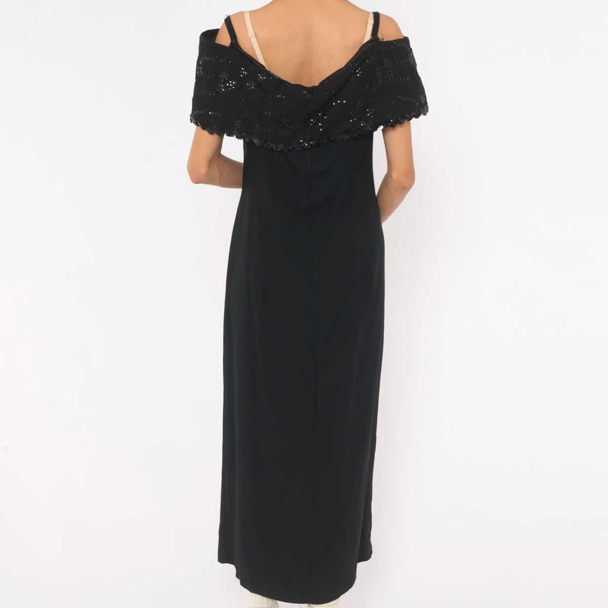 90s J. R. Nites Black Sequin Maxi Dress Off-Shoulder Floral Embroidered Collar Large L