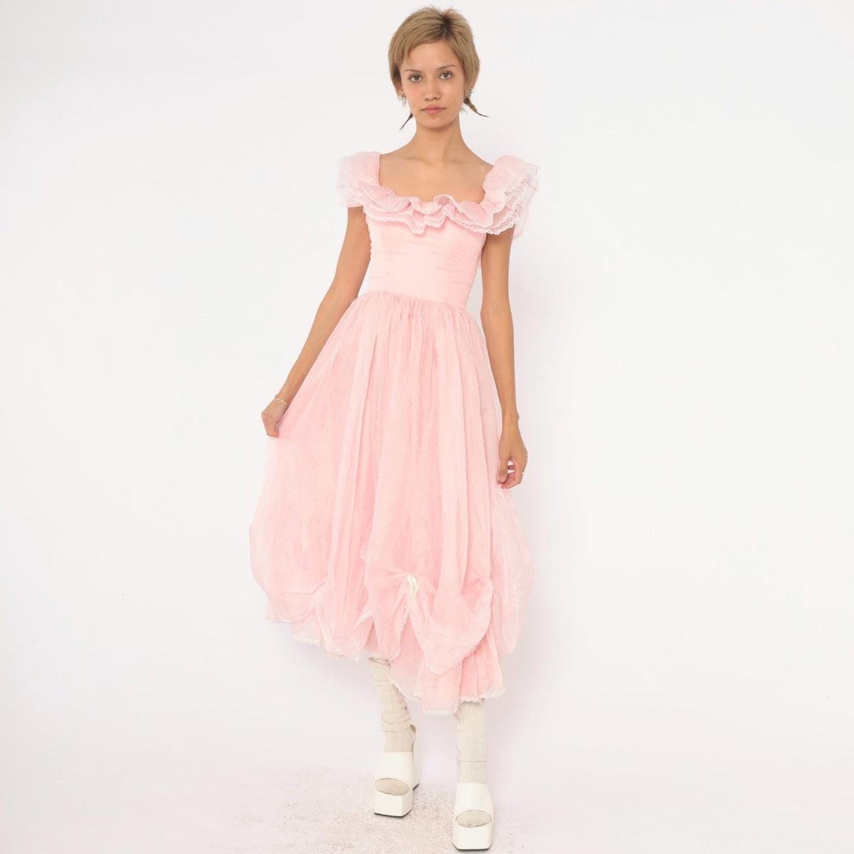 70s Pink Swiss Dot Midi Party Dress Ruffle Neckline Lace Trim XXS