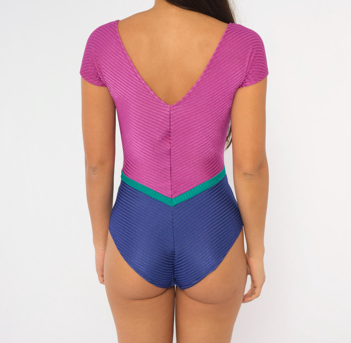 80s Gilda Marx One-Piece Swimsuit Purple Blue Teal Color Block Deep V Small
