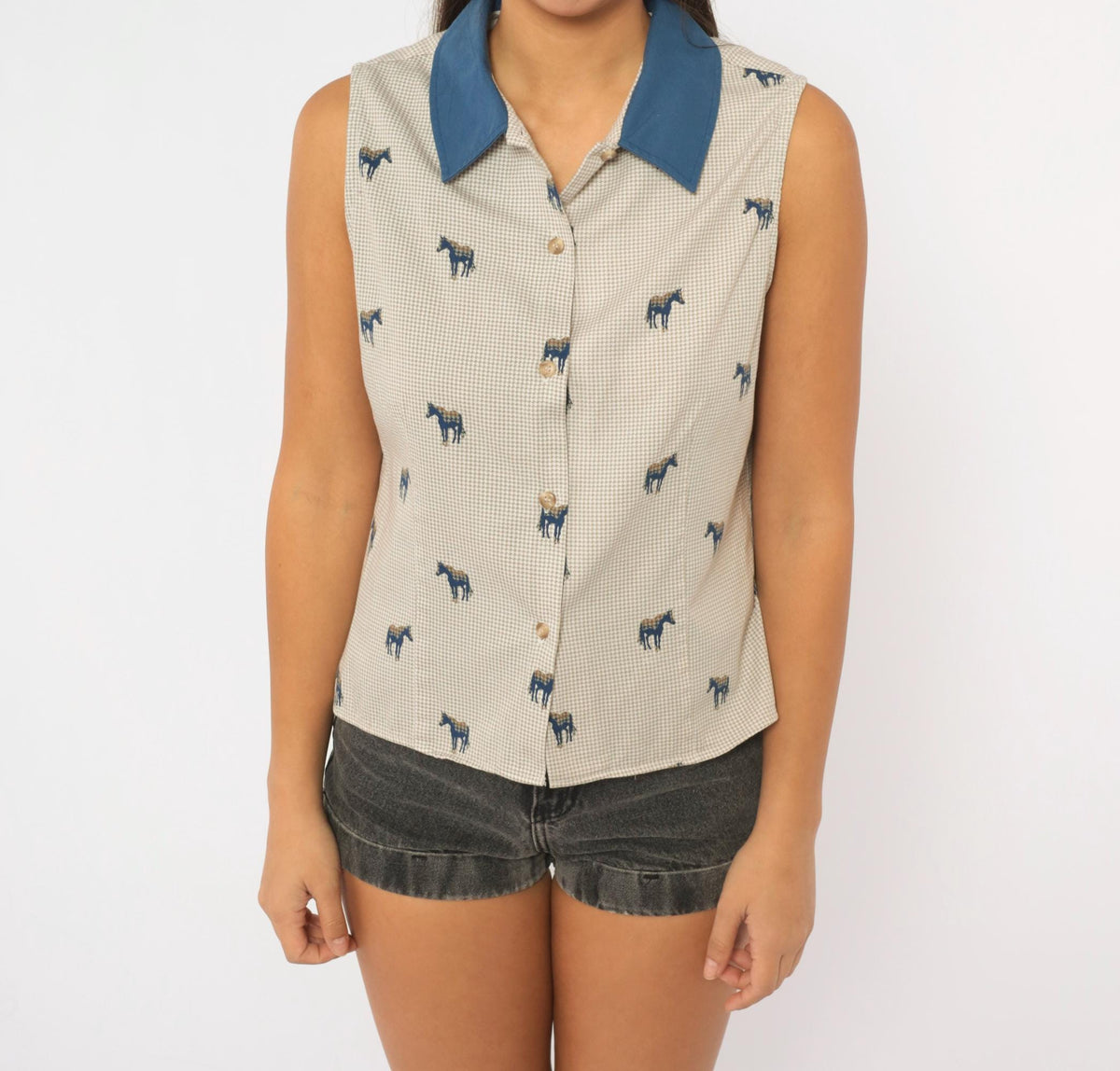 90s Five Star Horse Print Sleeveless Blouse Beige Cobalt Collar Small