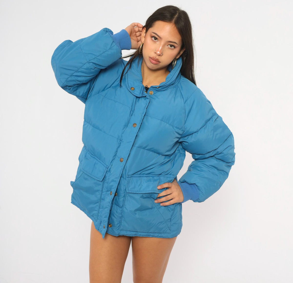 80s Eddie Bauer Cobalt Blue Down Puffer Jacket Raglan Medium