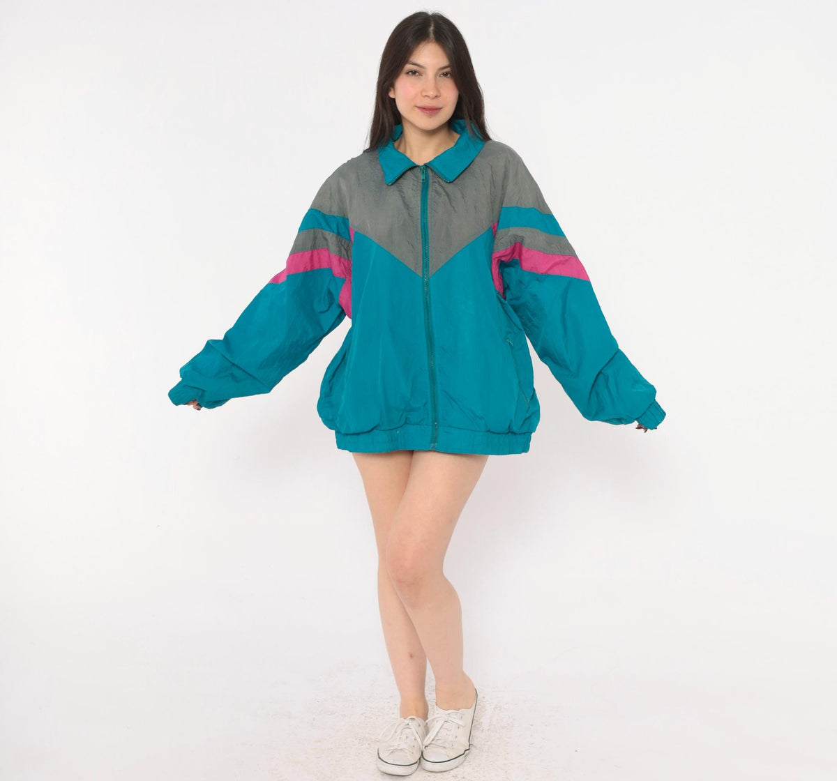 90s Pacific Sports Windbreaker Teal Blue Chevron Colorblock Jacket Large L