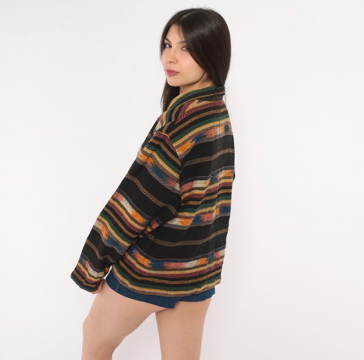 90s TanTrums Southwestern Woven Jacket Black Tapestry Concho Button Medium