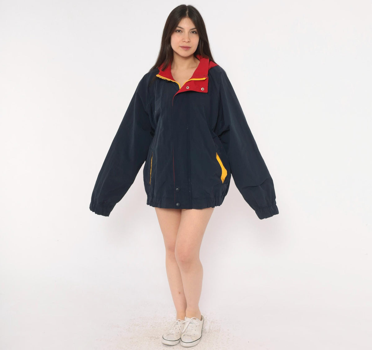 90s Croft & Barrow Navy Windbreaker Hooded Jacket Color Block Red Yellow Extra Large