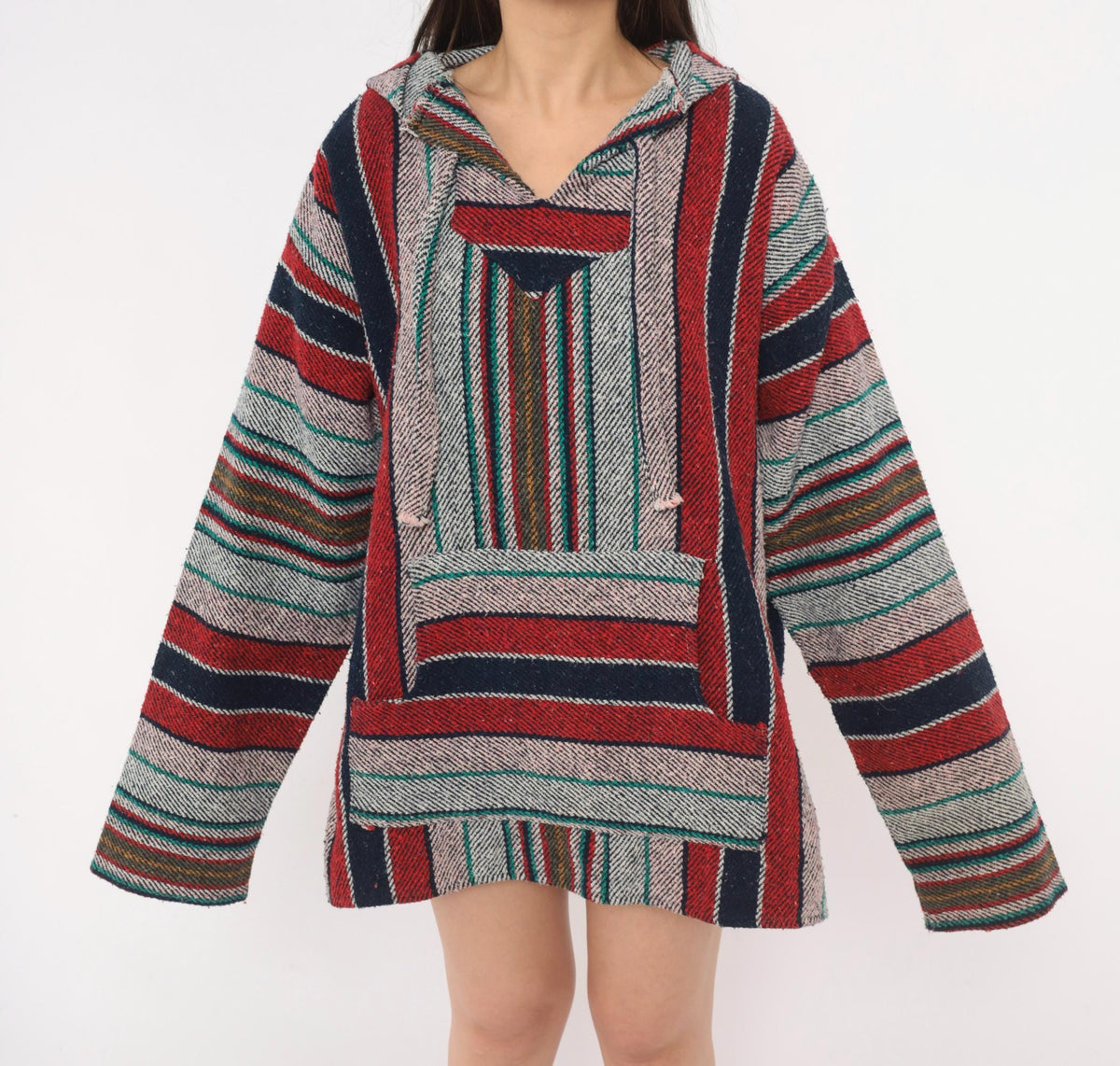 90s Baja Hoodie Red Navy Striped Woven Pullover Unisex Extra Large XXL