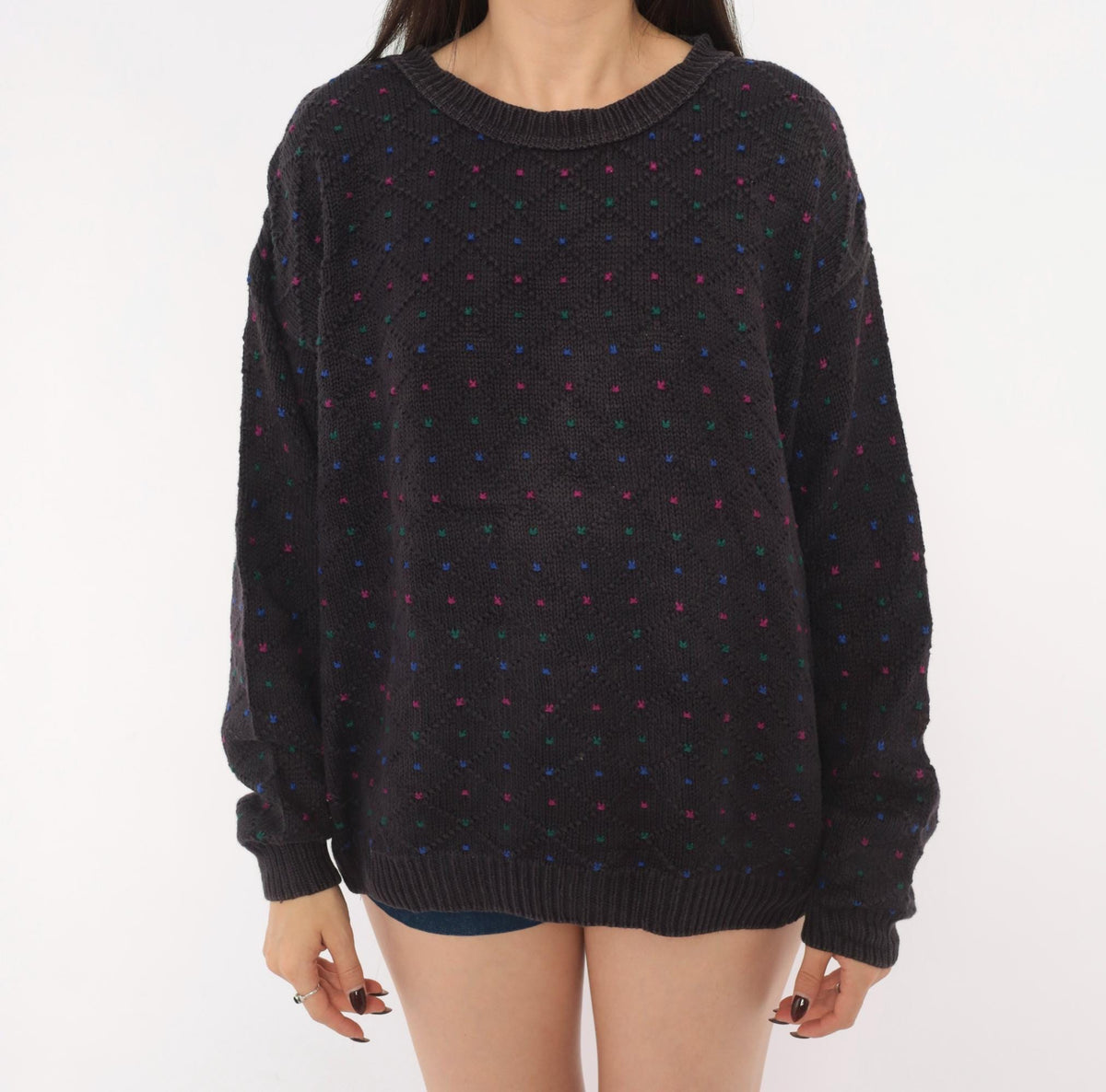 80s Eddie Bauer Cotton Knit Pullover Navy Diamond Pattern Medium