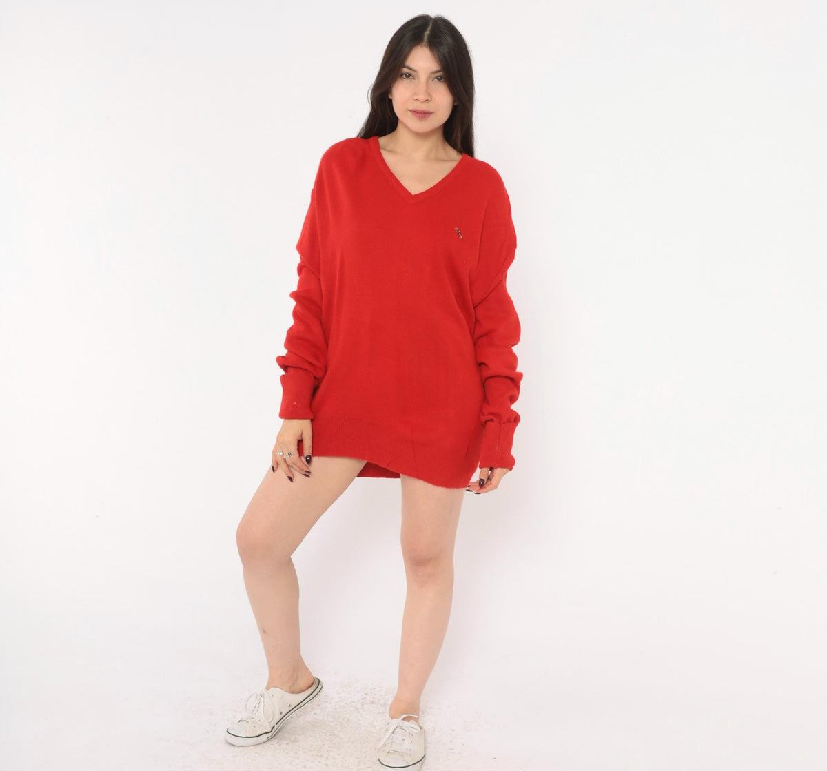 80s Steeplechase Red V-Neck Sweater Embroidered Horse Equestrian Knit Large