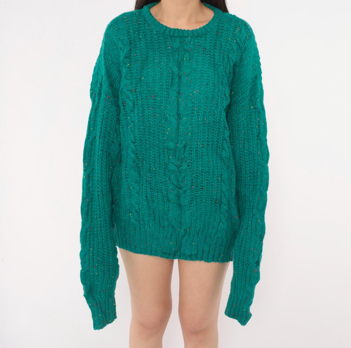90s Cattivo Teal Cable Knit Wool Sweater Multicolor Speckled Crewneck Extra Large