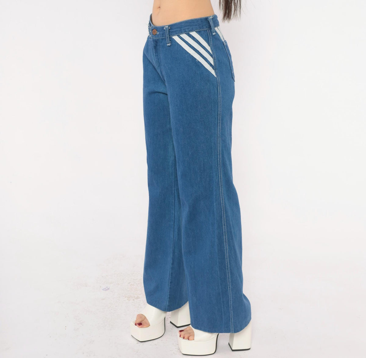 70s Viceroy Sportswear Bell Bottom Jeans Blue Denim White Stripe Medium