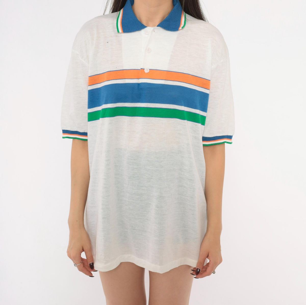 80s Robert Bruce Striped Polo Shirt White Blue Orange Green Extra Large