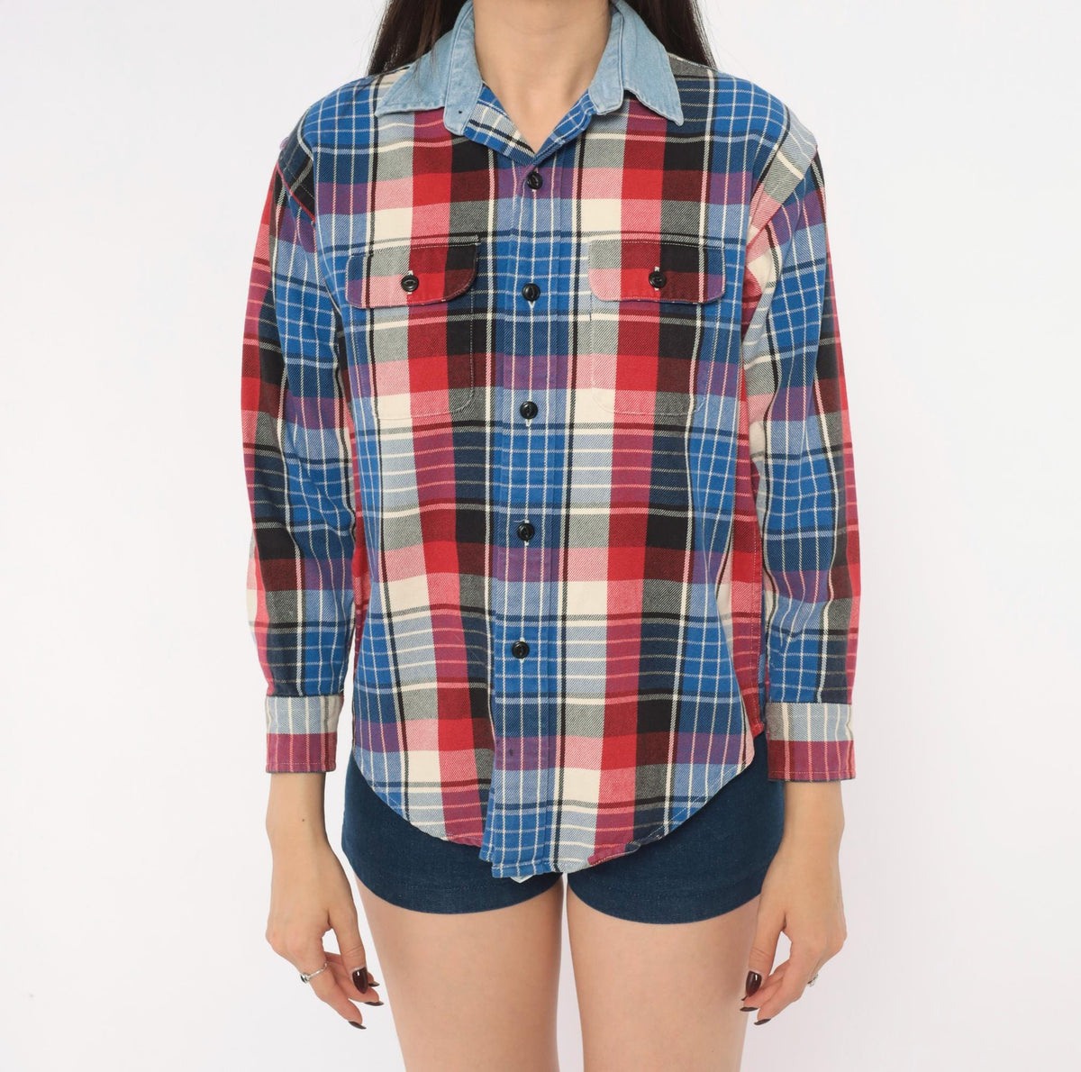90s Plaid Flannel Shirt Blue Red Cotton Button-Up Small
