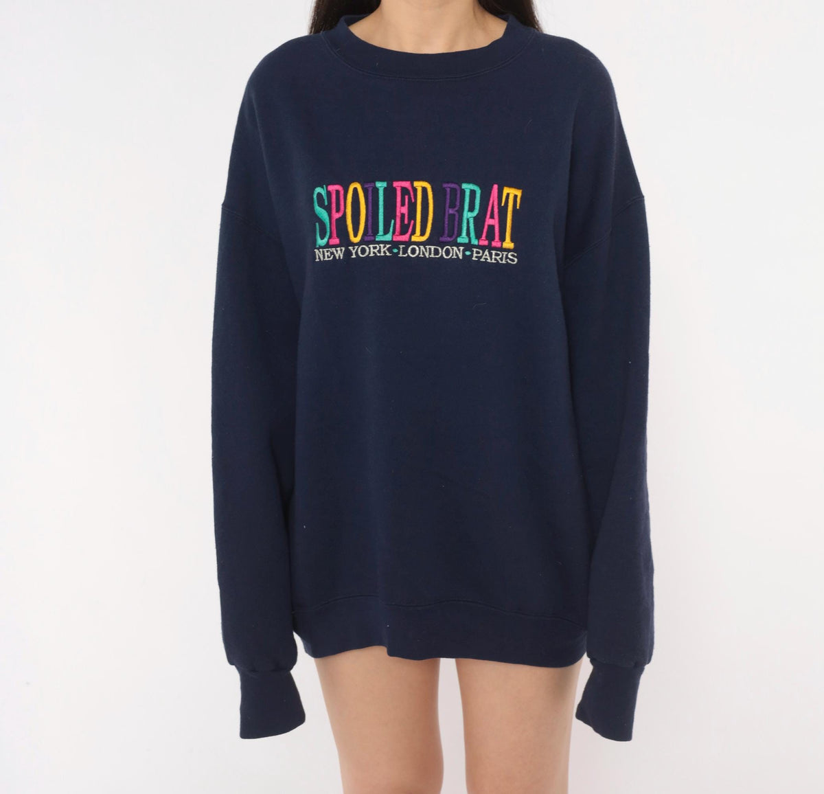 90s Spoiled Brat Navy Sweatshirt Embroidered Rainbow Text Extra Large XL