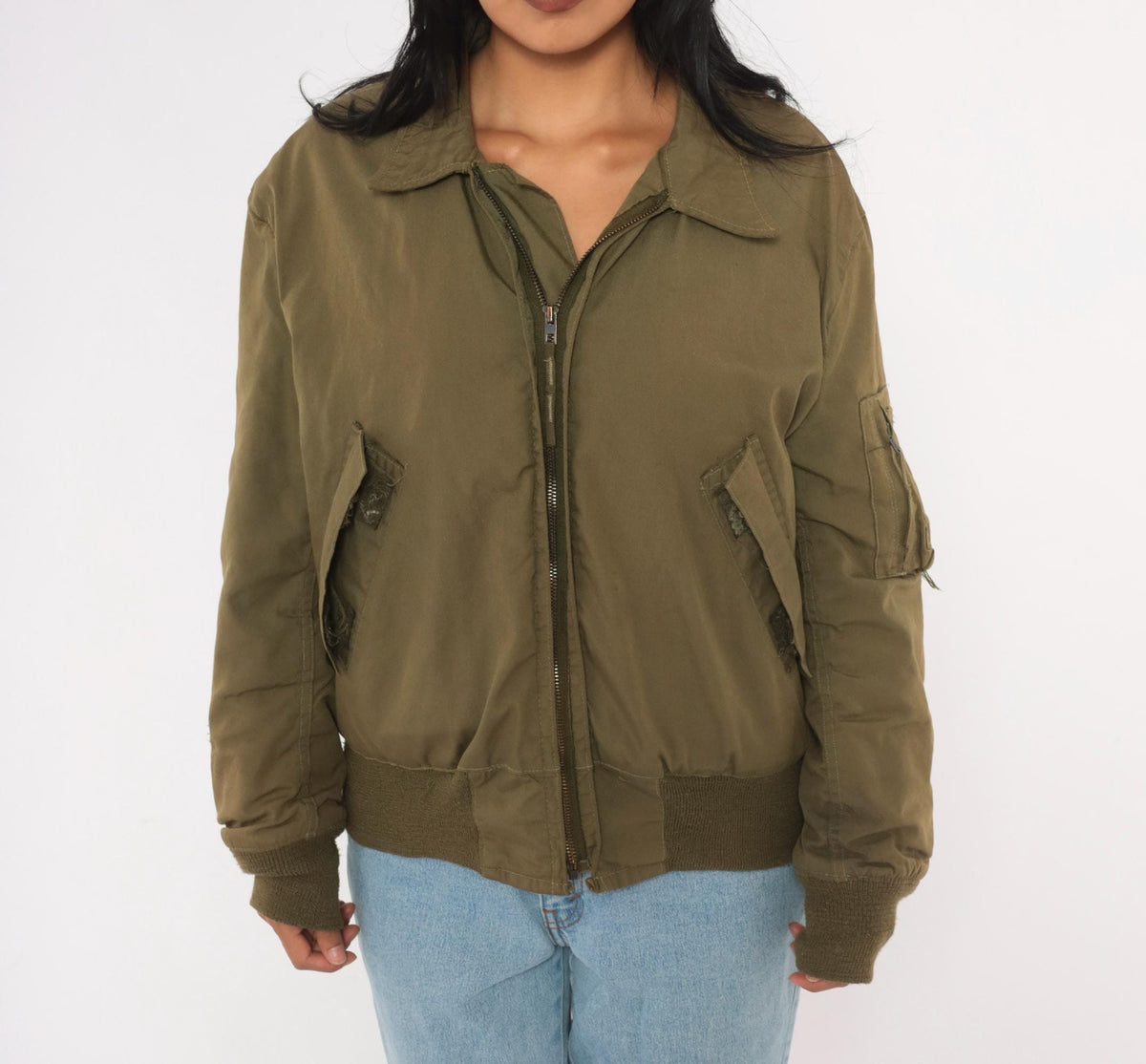 90s Olive Green Military Flight Jacket Bomber Zip Front Medium