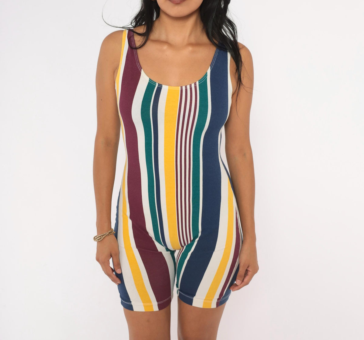 90s L.A. Sport Striped Bike Short Romper White Burgundy Scoop Neck Small